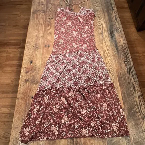 Knox Rose Maxi Dress Tiered Floral Print Mixed Print Strappy Burgundy XS Prairie - Picture 6 of 14